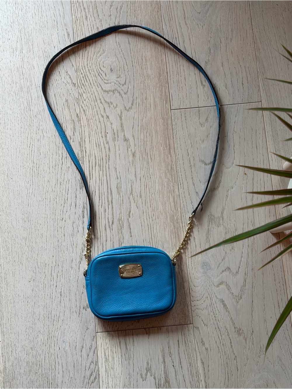 Michael Kors Teal Blue Leather Crossbody with Gold Plaque